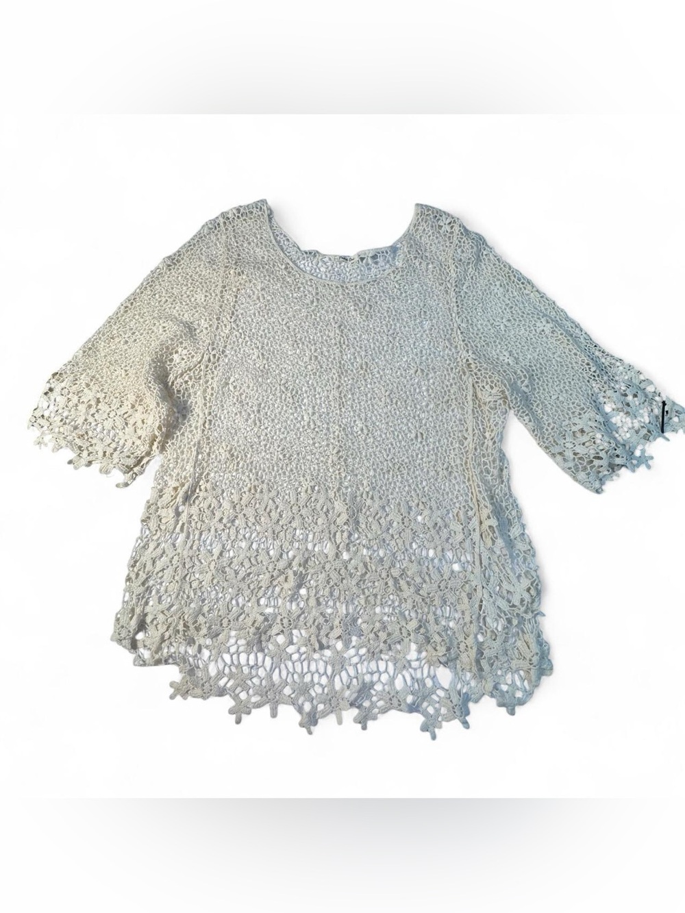 100% Cotton Cream Crochet Lace Short Sleeve Blouse Size L Boho Indie Festival
